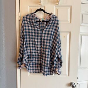 Pilcro Anthropologie Blue and Pink Checkered Shirt with Floral Trim 2x